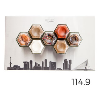 De 07 met Rotterdam: 7 magnetische kruidenpotjes met de skyline van Rotterdam op RVS